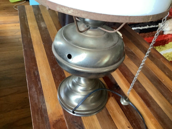 Vtg antique silver Hurricane Oil Electric Lamp milk Glass shade globe chimney