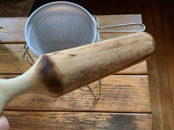 Vintage Aluminum Cone Colander with Stand & Wood Pestle Canning Strainer Sieve