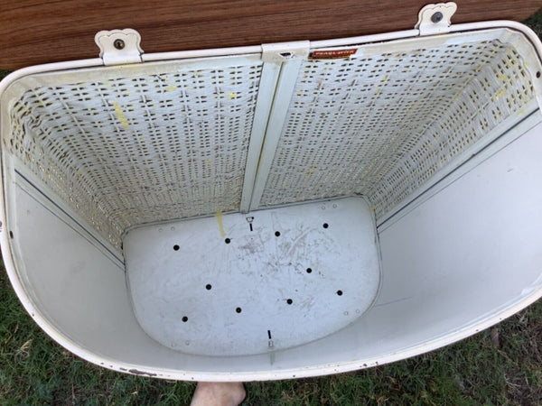 Vtg Mid Century Bathroom Laundry CLOTHES HAMPER White Wicker Pearl-Wick MCM