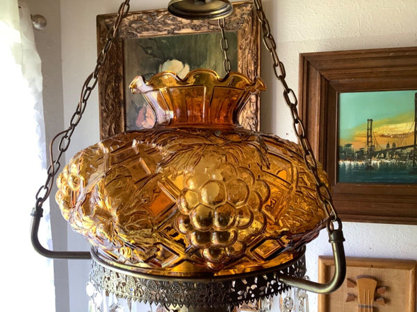 Vtg light fixture antique brass Amber grape glass shade GWTW hurricane Globe