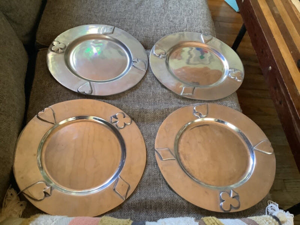 Vtg lot 4 set Chargers  Aluminum ? metal metallic Platter Plate playing cards
