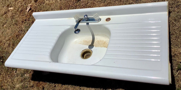 Vtg Steel White Porcelain Enamel Single Basin double Drainboard Farmhouse Sink