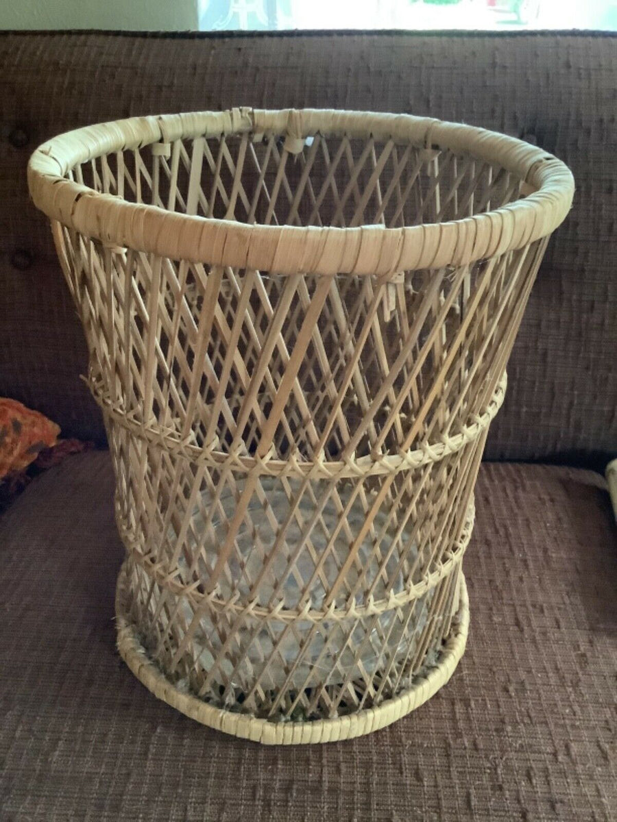 Vintage Oak Rattan Woven Trash offers Can