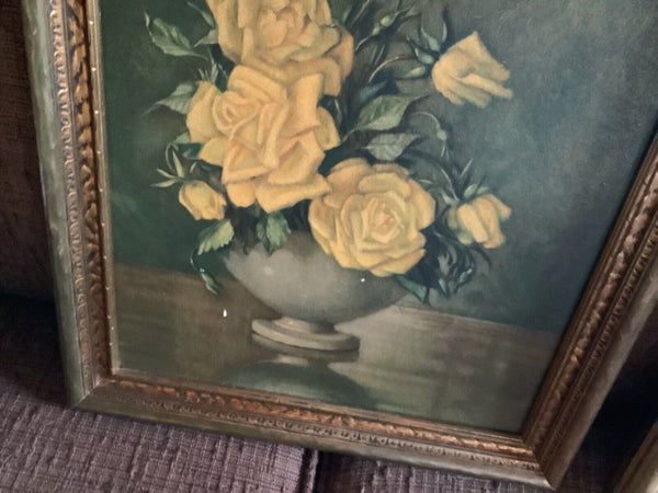 Vtg Yellow Roses  tulips Framed Art print litho Spanglers gold leaf frame 1956