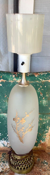 Vtg Table Lamp White Satin frosted Glass Gold Tree Asian Japanese Chinese