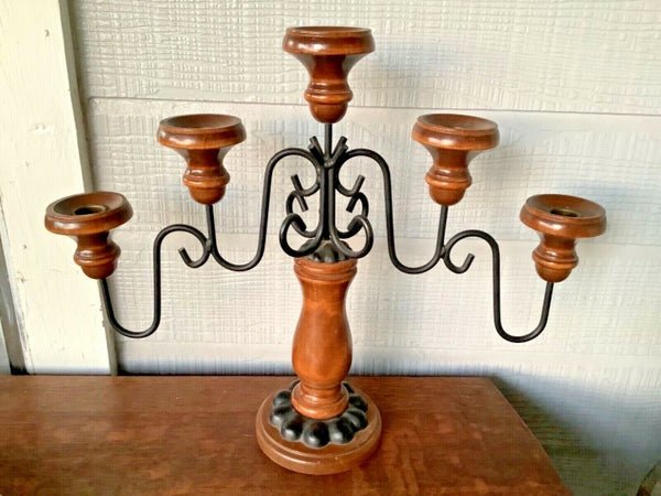 Vintage Mid Century modern 5 candle holder wood and Cast Iron Table Candleabra