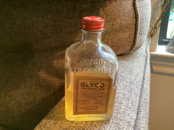 VINTAGE GLYCO THYMOLINE glass Bottle with cap lab medical medicine antique