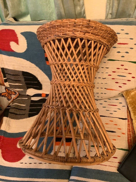 Vintage Round Woven Rattan Bamboo Cane Plant Stand TIKI Cocktail Side End Table