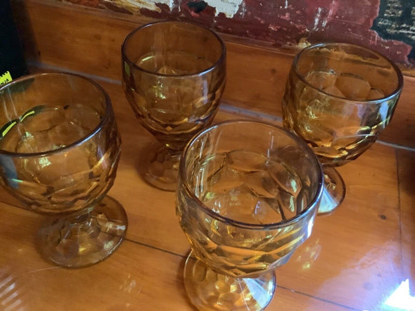 Vtg Amber glass Thumbprint Stemmed Footed Water wine Goblets Set Of 4