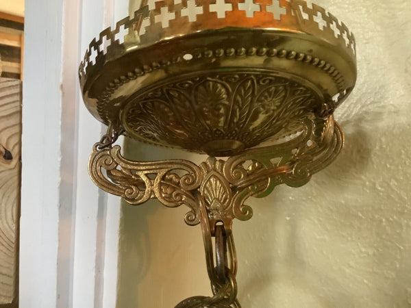 Vtg  antique Brass Two Burner Double Angle Lamp light Fixture  Hanging Canopy