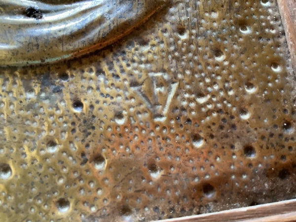 Vtg Catholic Virgin Mary Mother copper brass Wall Plaque picture frame wood VF