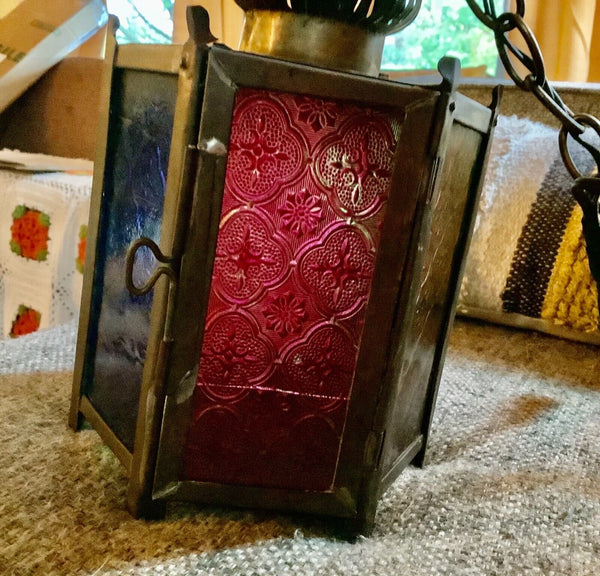Vtg metal Brass Mcm Light Fixture lamp swag stained glass lantern patio