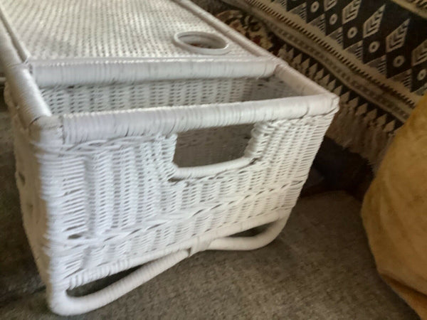Vtg Shabby Cottage White Wicker Bed Lap Breakfast Serving Tray magazine rack