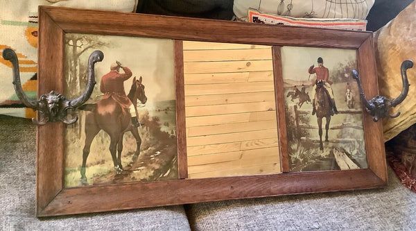 Vtg antique victorian tiger Oak Hall Mirror Coat hat Rack brass Hooks wood horse