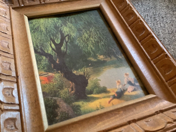 Pair Small Vintage carved frames Framed Art Print litho Scenic  mountains trees