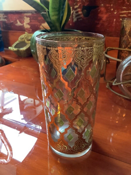 Vtg 4 Culver Valencia 22 kt Gold & Green Highball Tumblers caddy coasters mcm