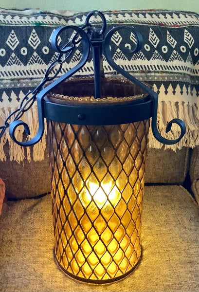 Vtg Mid Century modern gothic  Retro Hanging Swag Light Lamp amber Glass