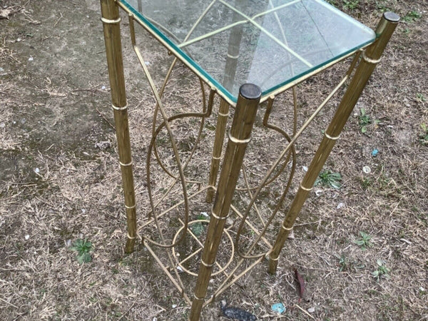Vtg Brass Glass Plant Stand Metal Gold brass Boho MCM faux bamboo Regency