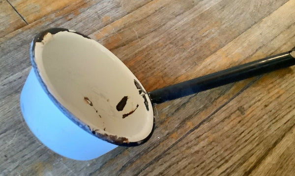 Vintage White & Black Enamelware enamel Long Handle Ladle / Dipper