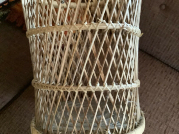 Vintage WICKER Trash Can RATTAN Basket BOHO Plant Stand MID-CENTURY Bamboo TABLE