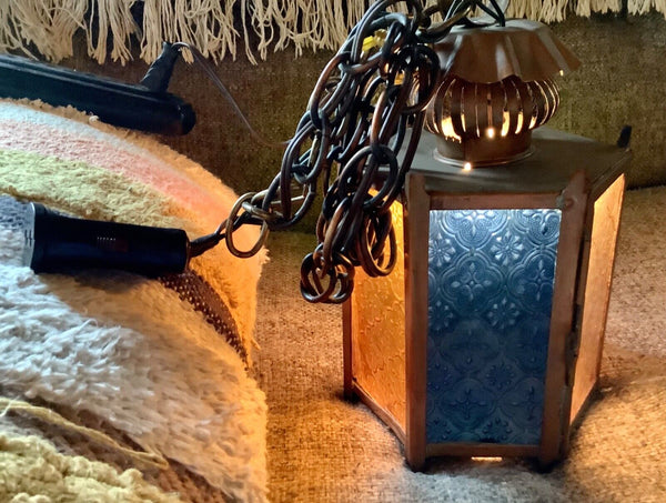 Vtg metal Brass Mid Century Light Fixture lamp swag stained glass lantern patio