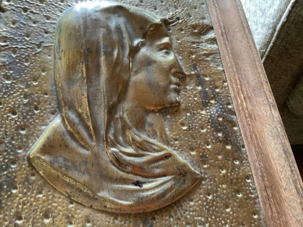 Vtg Catholic Virgin Mary Mother copper brass Wall Plaque picture frame wood VF