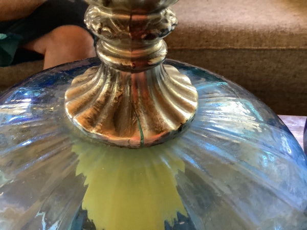 Vtg Pair 2 Mid Century Modern Blue Glass Table Lamp  Retro Hollywood Regency mcm