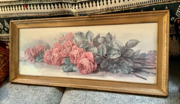 Vtg Yard Long Framed Paul De Longpre Long Stemmed Pink American Beauty  Roses