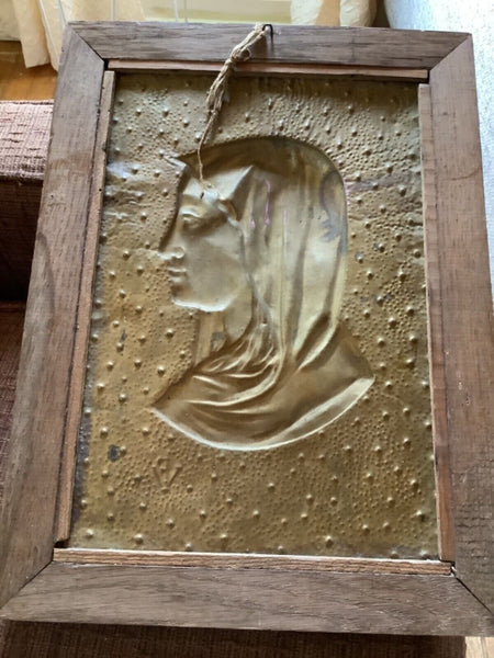 Vtg Catholic Virgin Mary Mother copper brass Wall Plaque picture frame wood VF