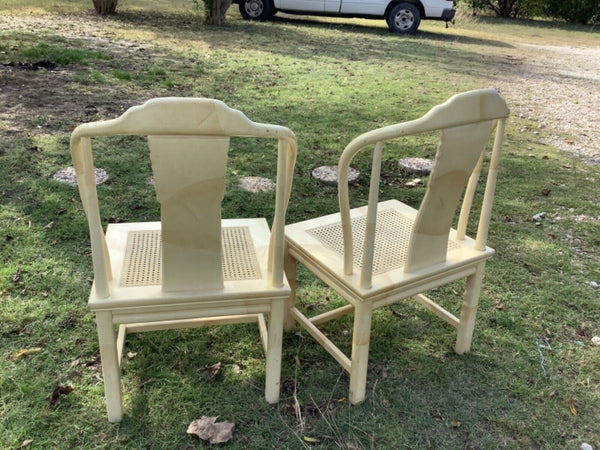 Vtg cane lacquer Chinoiserie Dragon Dining Chairs Henredon  pair goatskin