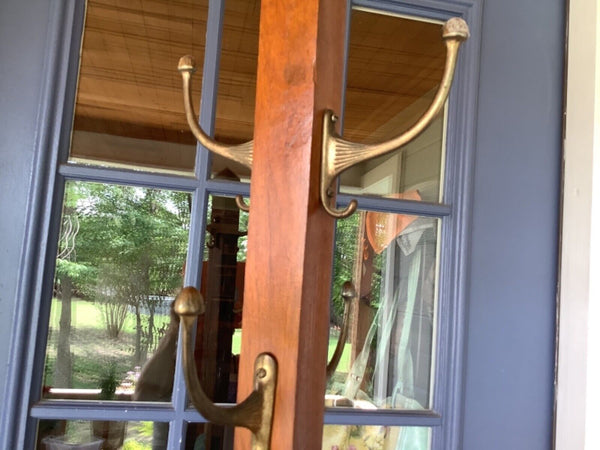 Vtg  Antique Mission OAK wood Hat Coat Rack Hall Tree floor Stand  Brass hooks