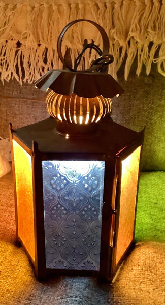 Vtg metal Brass Retro Light Fixture lamp swag stained glass lantern patio mcm