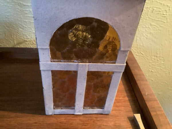 Vtg Gothic Tudor Arts & Crafts Porch Lantern Light Fixture amber glass sconce