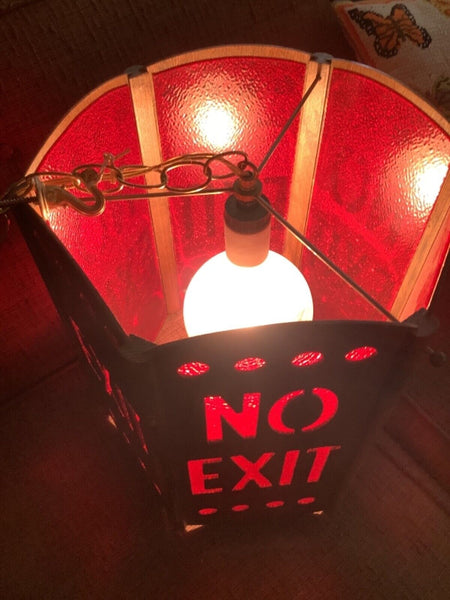 Vtg  Red EXIT no exit Sign Vintage mid Century modern hanging swag wood lamp
