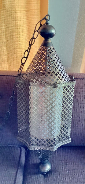 VTG mid century MOROCCAN FILIGREE BRASS gold  hanging swag LAMP metal