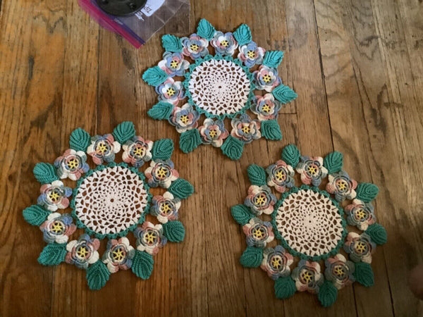 VTG Lot 3 Crocheted Large Round Doily Raised Flower Design pink blue green white