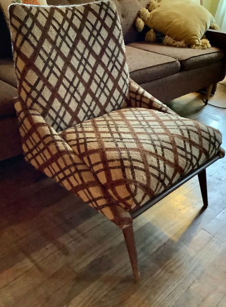 Vintage Wood fabric brown plaid Mid century  Modern Arm lounge Chair mcm retro