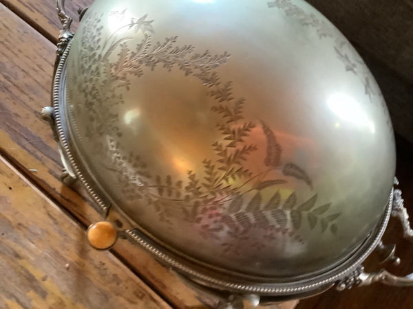 Vtg Antique  Silver Plate Roll Top Dome Chafing Caviar Butter Dish butler server