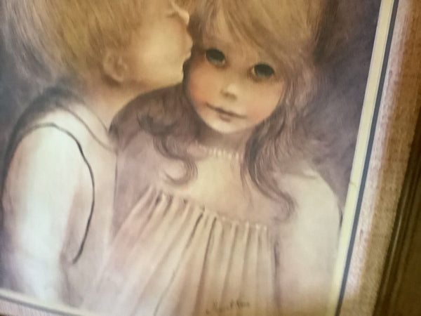 Vtg Margaret Kane Big Eyes A Little Kiss First Love Signed Print frame 17" X 20"