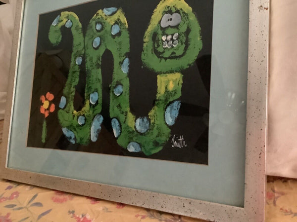 Vtg  Mid Century  modern signed framed print snake caterpillar