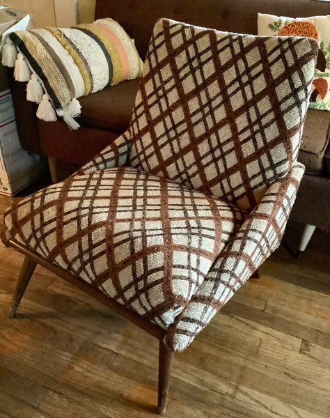Vintage Wood fabric brown plaid Mid century  Modern Arm lounge Chair mcm retro
