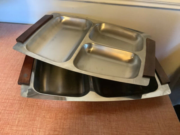 Vtg Rostfrei Inox 18/8 Stainless Steel Divided food cafeteria trays teak handles