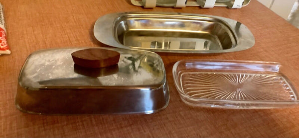 Butter dish Stainless Steel Japan Vtg mid century 18/8 Royal Dolphin Wood glass