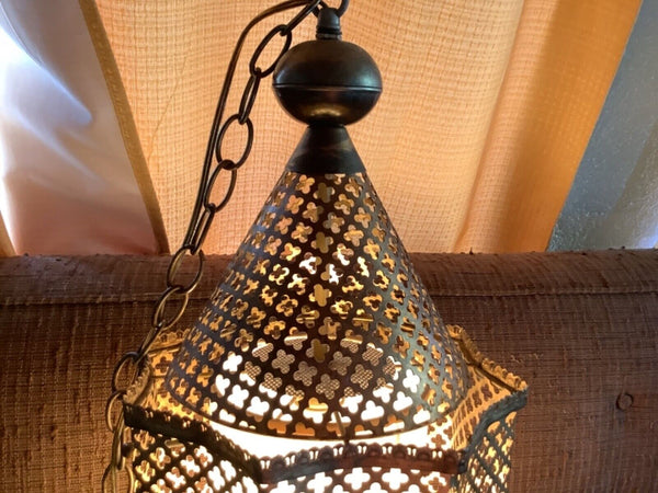 VTG mid century MOROCCAN FILIGREE BRASS gold  hanging swag LAMP metal