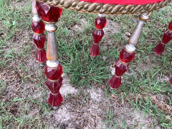 Vtg MID CENTURY Modern mcm pair suede velvet Glass top END side TABLES  red