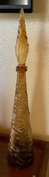 Vtg Italy Amber Empoli Glass Genie Bottle Decanter 22” Swirl Wave Stopper mcm
