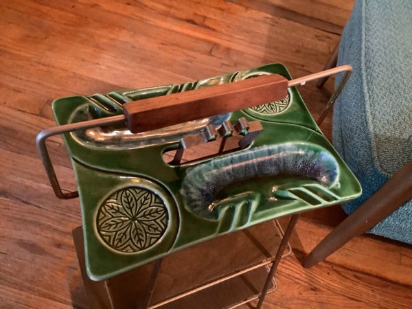 Vtg Mid Century Modern Teak Wood Smoking Stand Magazine Rack w/Ceramic Ash Tray