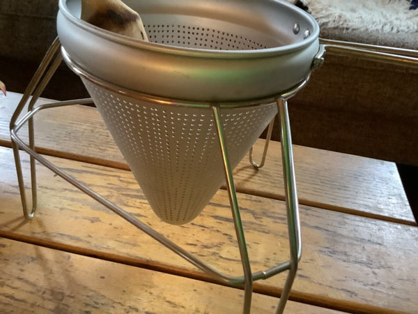 Vintage Aluminum Cone Colander with Stand & Wood Pestle Canning Strainer Sieve
