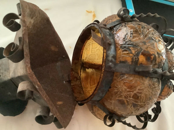 vtg amber glass light fixture globe fixture iron cage mcm bubble candle holder