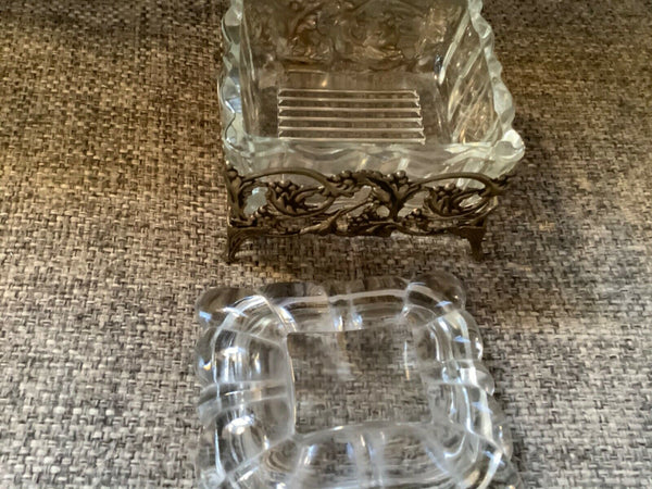 Vtg Jar Brass vanity pressed cut  Glass trinket Lidded Box chest casket filigree